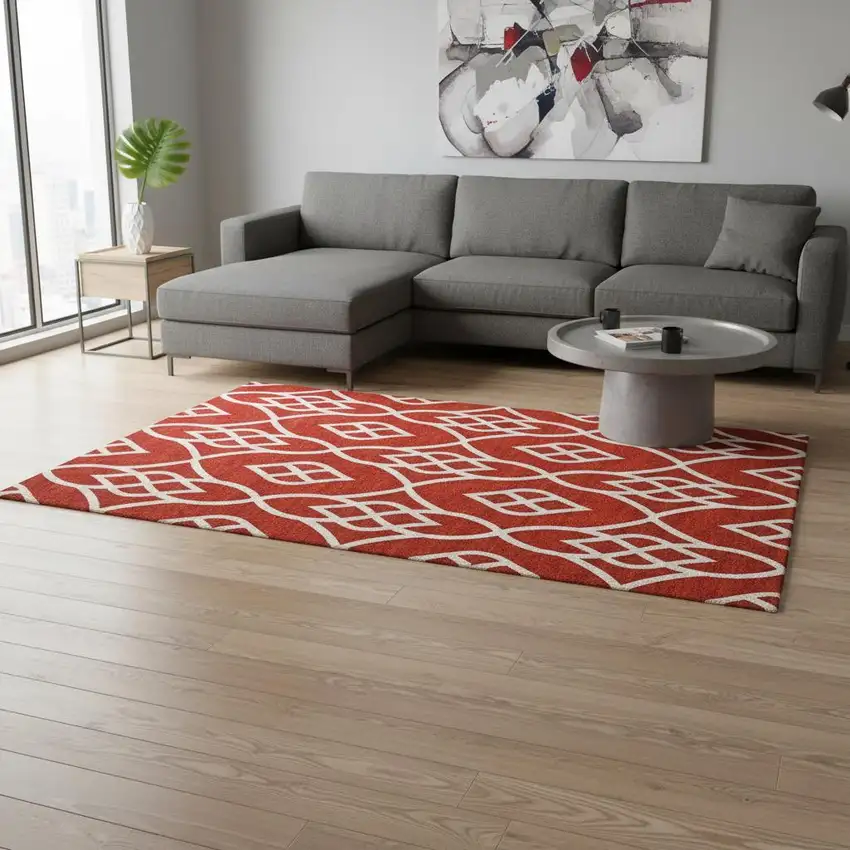 Red And Ivory Trellis Washable Area Rug With UV Protection Photo 2