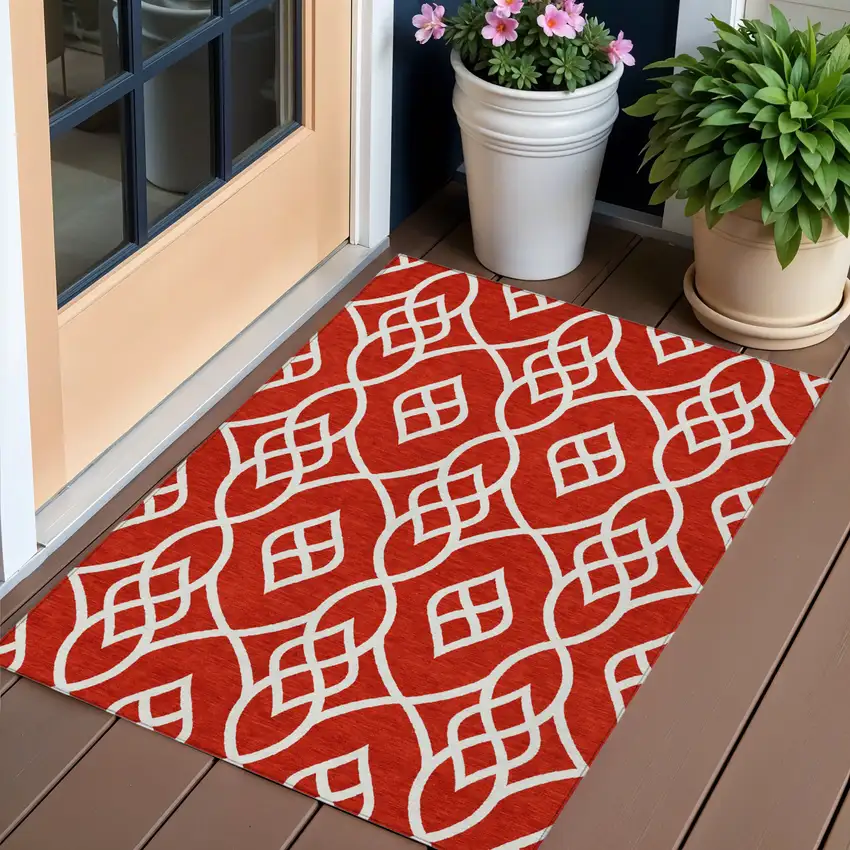 Red And Ivory Trellis Washable Indoor Outdoor Area Rug Photo 1