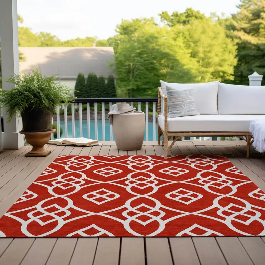 Red And Ivory Trellis Washable Indoor Outdoor Area Rug Photo 9