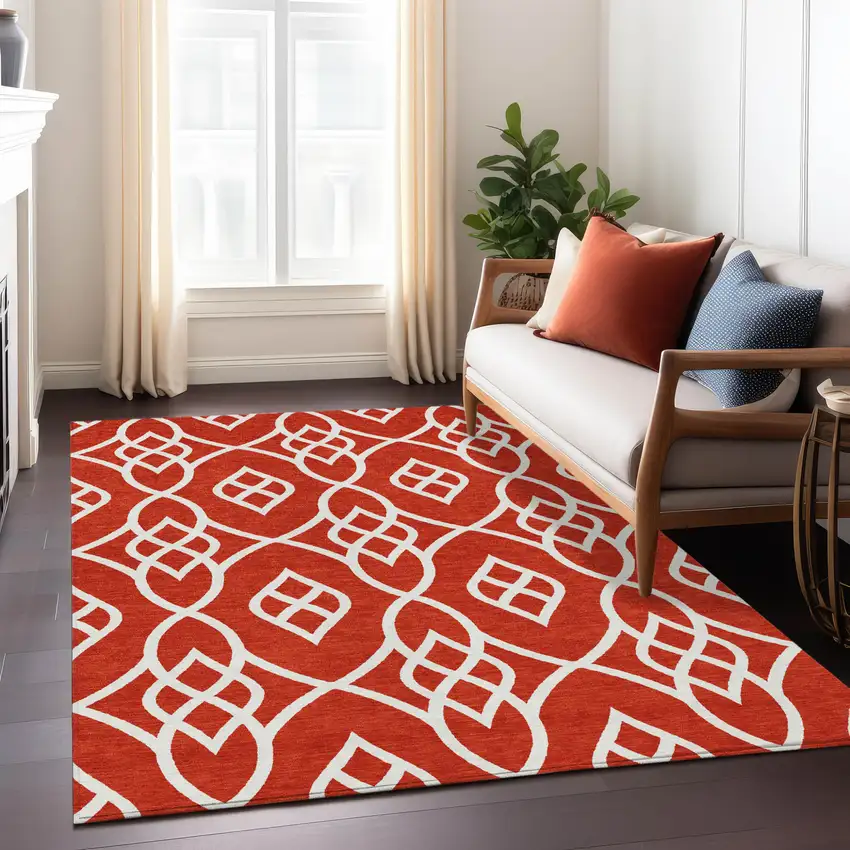 Red And Ivory Trellis Washable Indoor Outdoor Area Rug Photo 9