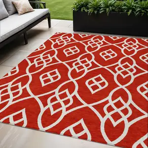 Photo of Red And Ivory Trellis Washable Indoor Outdoor Area Rug