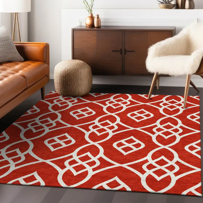 Red And Ivory Trellis Washable Indoor Outdoor Area Rug Photo 9