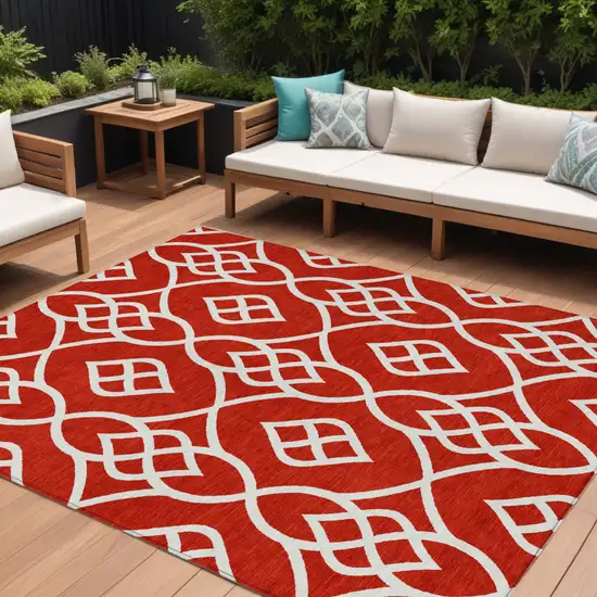 Red And Ivory Trellis Washable Indoor Outdoor Area Rug Photo 1
