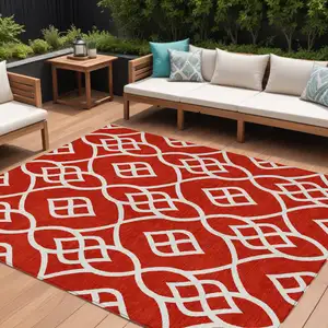 Photo of Red And Ivory Trellis Washable Indoor Outdoor Area Rug