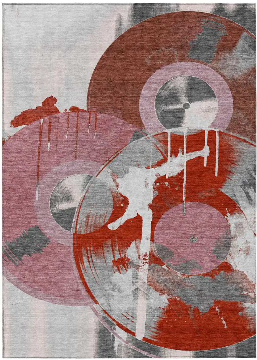 Red And Mauve Geometric Washable Indoor Outdoor Area Rug Photo 1