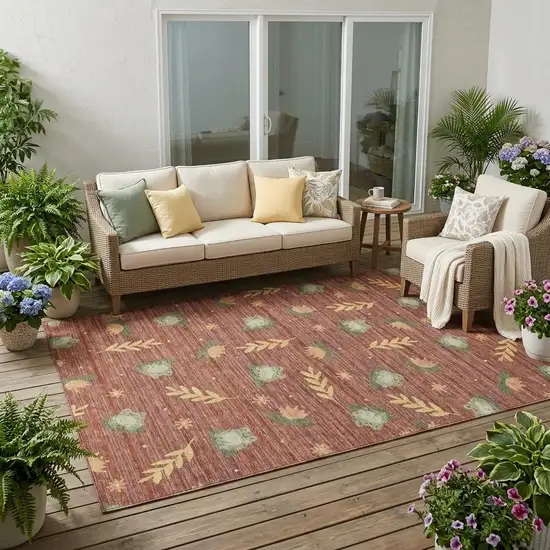 Red And Merlot Botanical Leaves Washable Indoor Outdoor Area Rug Photo 1
