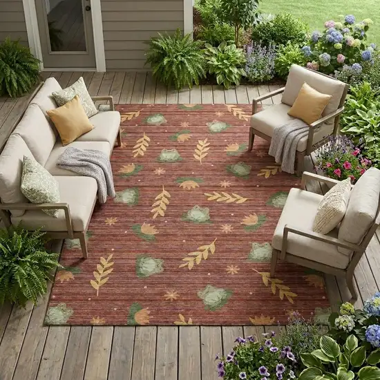 Red And Merlot Botanical Leaves Washable Indoor Outdoor Area Rug Photo 1
