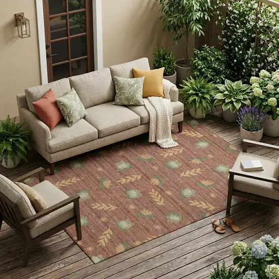 Red And Merlot Botanical Leaves Washable Indoor Outdoor Area Rug Photo 1