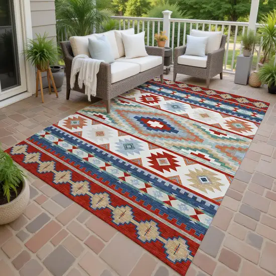 Red And Navy Blue Southwestern Washable Indoor Outdoor Area Rug Photo 4