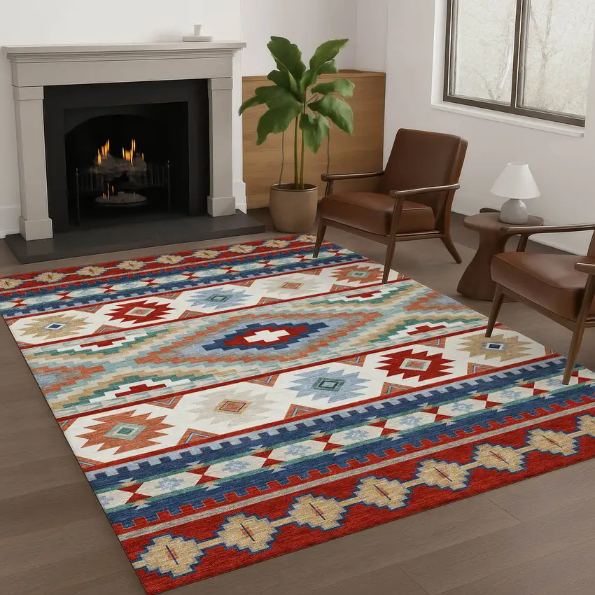 Red And Navy Blue Southwestern Washable Indoor Outdoor Area Rug Photo 6