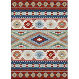 Photo of Red And Navy Blue Southwestern Washable Indoor Outdoor Area Rug