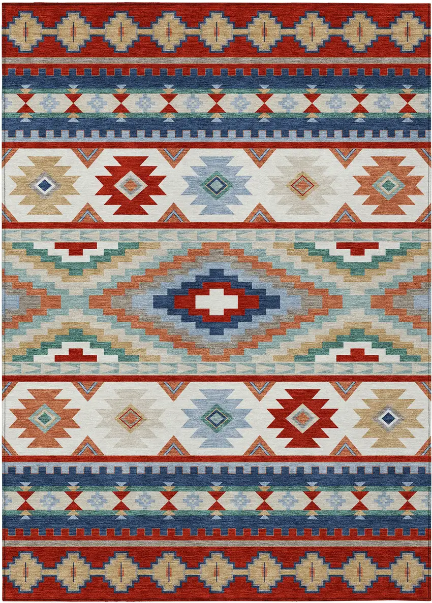 Red And Navy Blue Southwestern Washable Indoor Outdoor Area Rug Photo 1