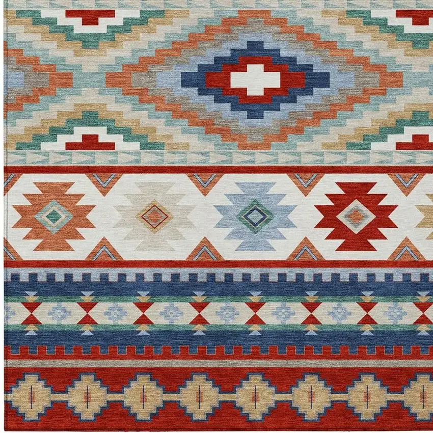 Red And Navy Blue Southwestern Washable Indoor Outdoor Area Rug Photo 3