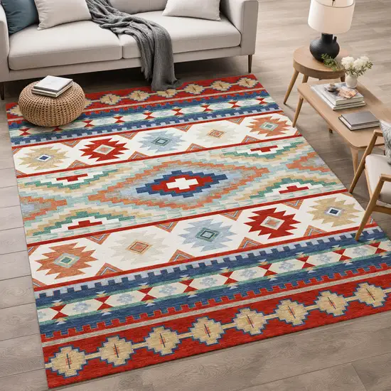 Red And Navy Blue Southwestern Washable Indoor Outdoor Area Rug Photo 5