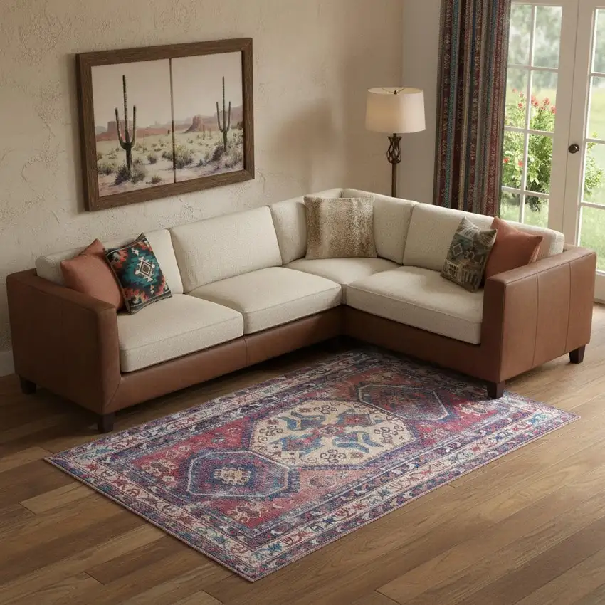 Red And Navy Medallion Distressed Washable Area Rug Photo 1
