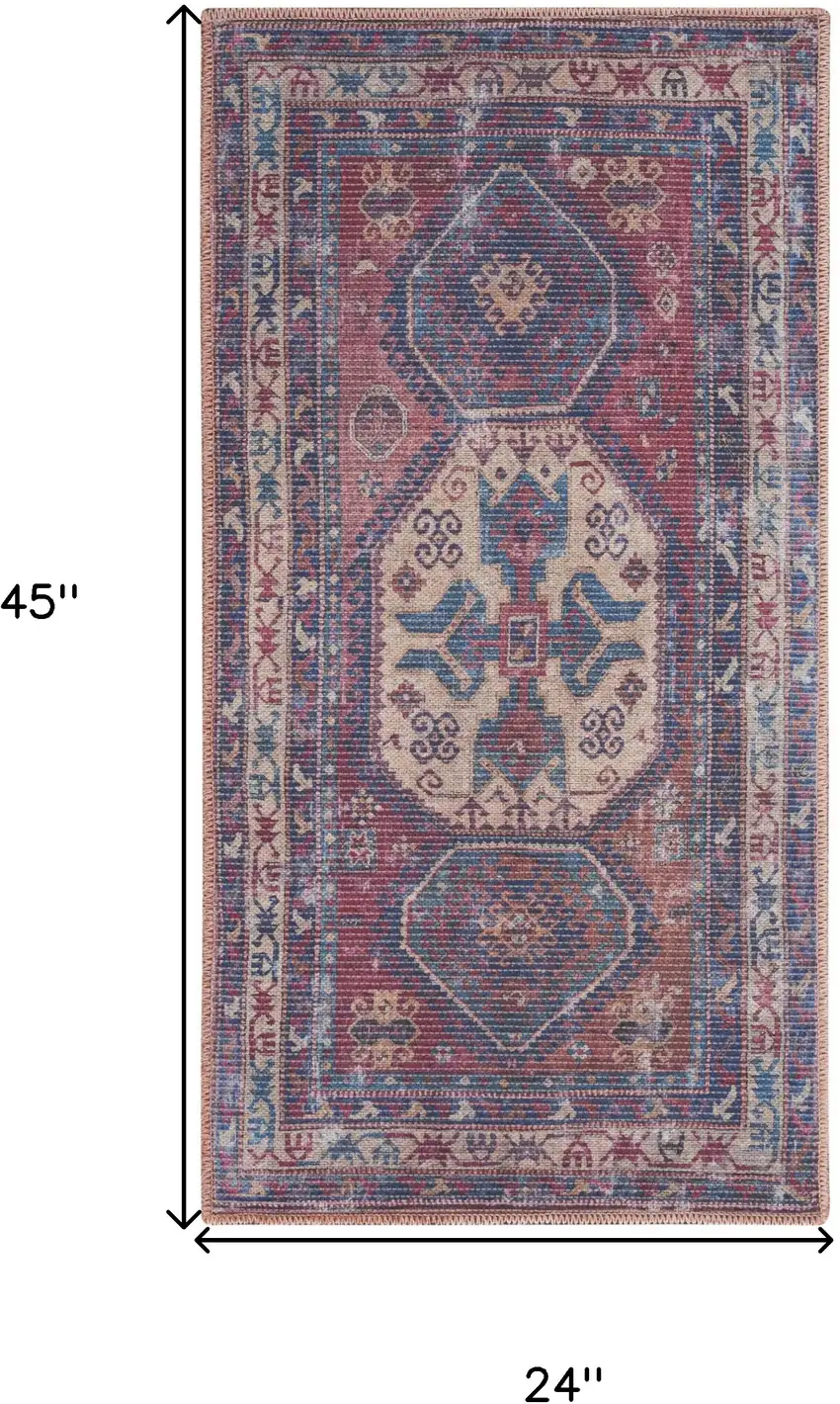Red And Navy Oriental Power Loom Distressed Washable Area Rug Photo 5