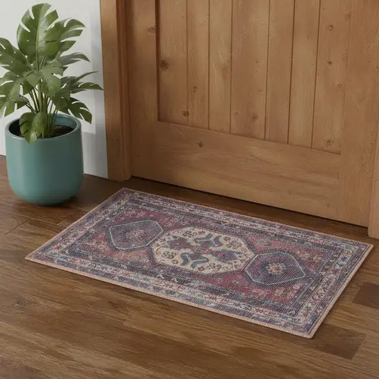 Red And Navy Oriental Power Loom Distressed Washable Area Rug Photo 1