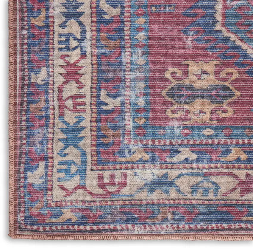 Red And Navy Oriental Power Loom Distressed Washable Area Rug Photo 7
