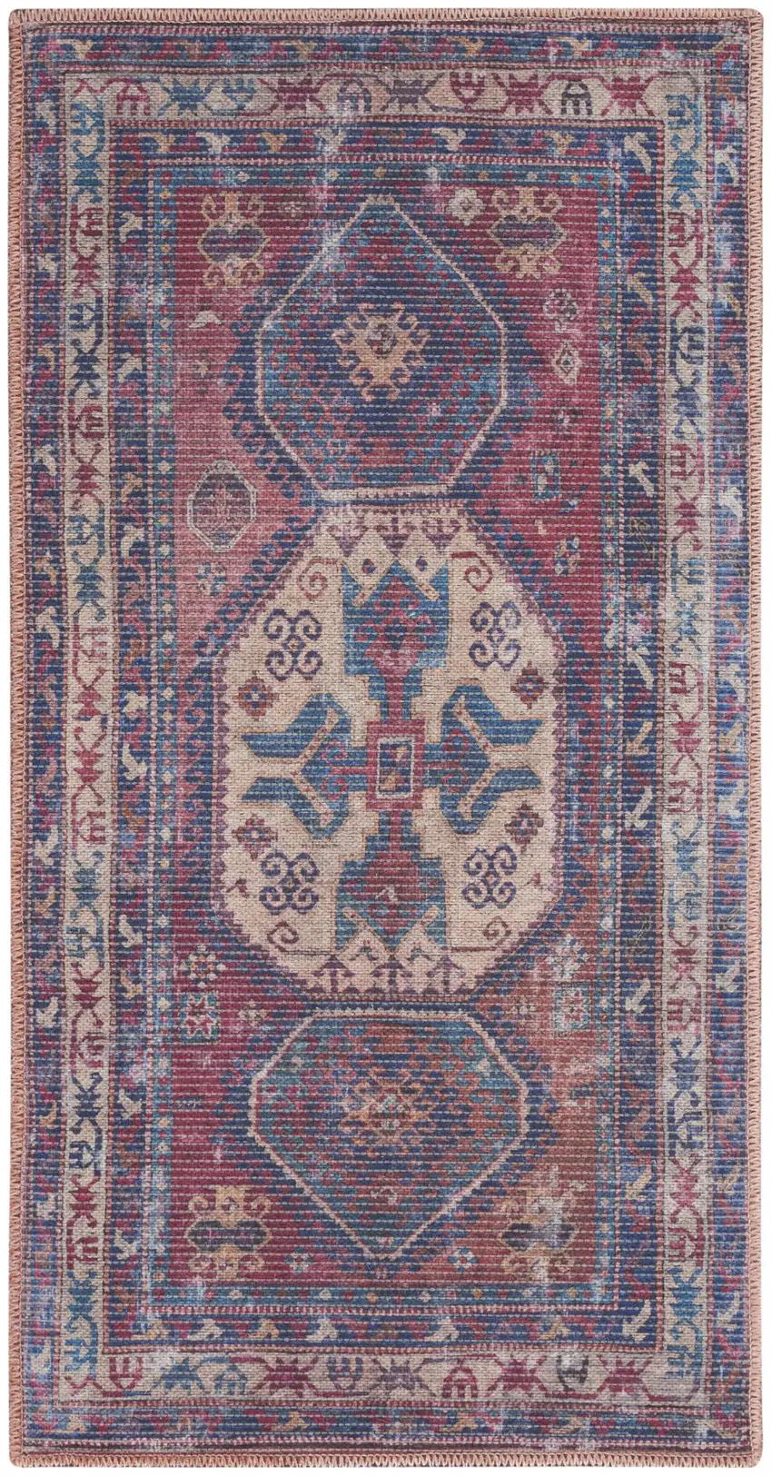 Red And Navy Oriental Power Loom Distressed Washable Area Rug Photo 1