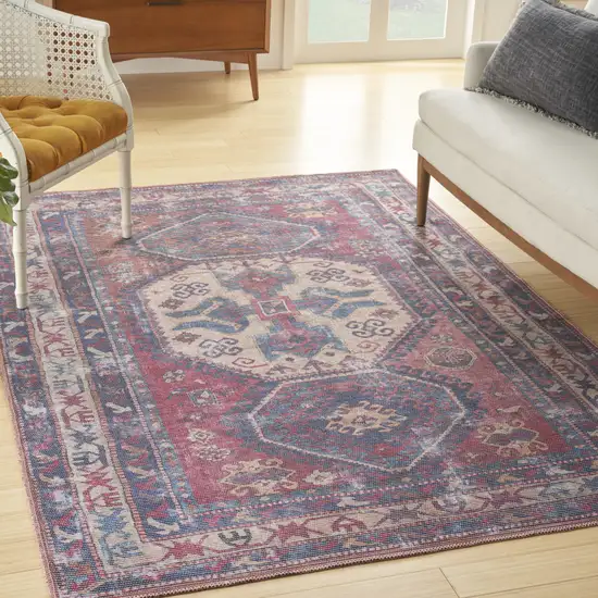 Red And Navy Oriental Power Loom Distressed Washable Area Rug Photo 4
