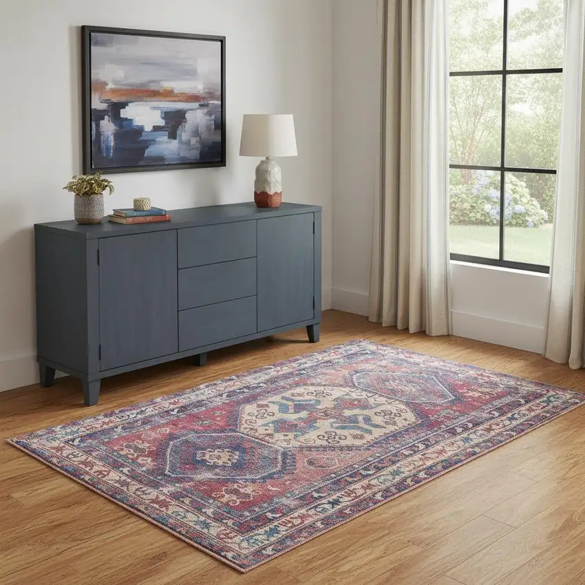 Red And Navy Oriental Power Loom Distressed Washable Area Rug Photo 1