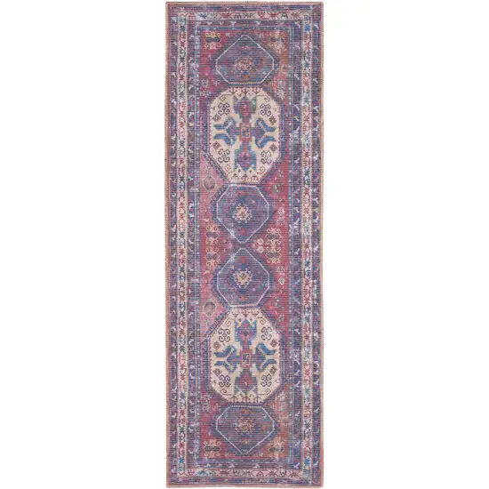 2' X 6' Red And Navy Oriental Power Loom Distressed Washable Runner Rug Photo 2