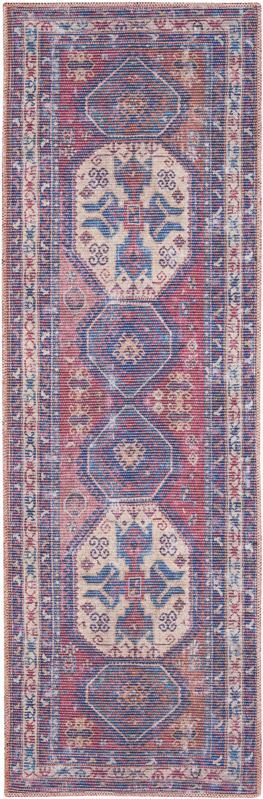 2' X 6' Red And Navy Oriental Power Loom Distressed Washable Runner Rug Photo 2