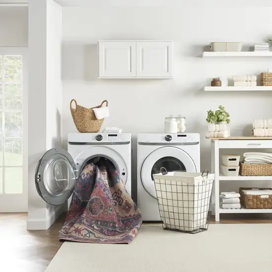 2' X 6' Red And Navy Oriental Power Loom Distressed Washable Runner Rug Photo 7