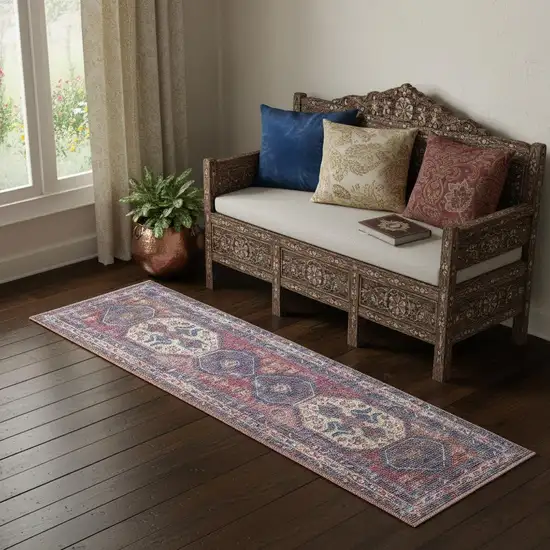 2' X 6' Red And Navy Oriental Power Loom Distressed Washable Runner Rug Photo 1