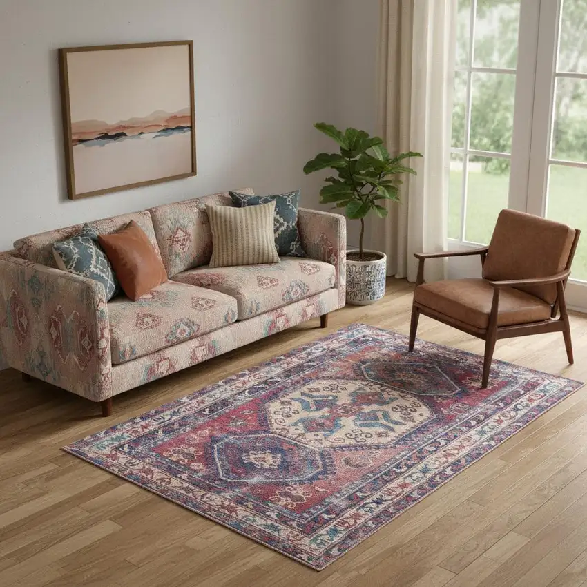 Red And Navy Southwestern Power Loom Distressed Washable Area Rug Photo 1