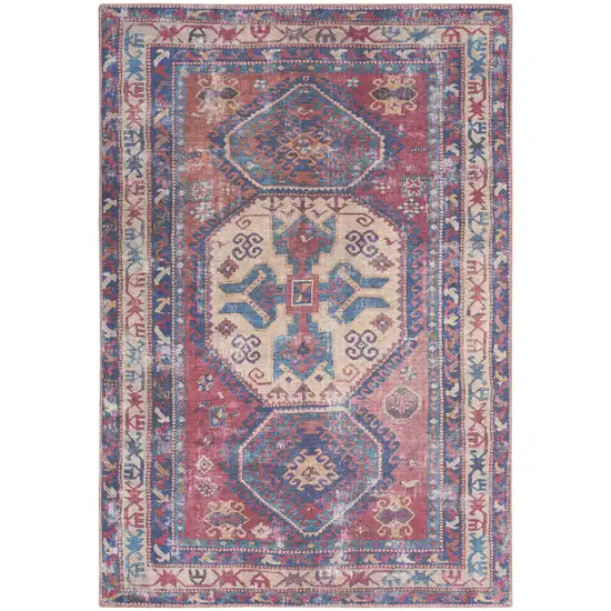 Red And Navy Southwestern Power Loom Distressed Washable Area Rug Photo 2