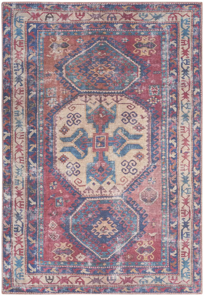 Red And Navy Southwestern Power Loom Distressed Washable Area Rug Photo 2