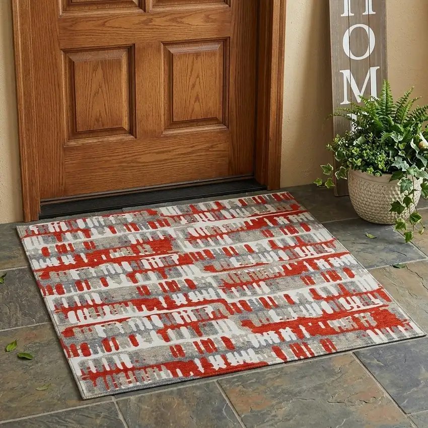 Red And Orange Abstract Washable Indoor Outdoor Area Rug Photo 1
