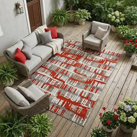 Red And Orange Abstract Washable Indoor Outdoor Area Rug Photo 1
