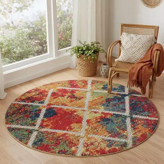 Red And Orange Diamond Round Rug Photo 1