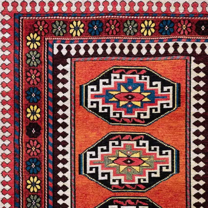 Red And Orange Tribal Washable Area Rug With UV Protection Photo 3
