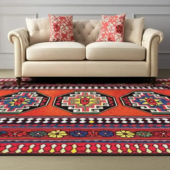 Red And Orange Tribal Washable Area Rug With UV Protection Photo 1