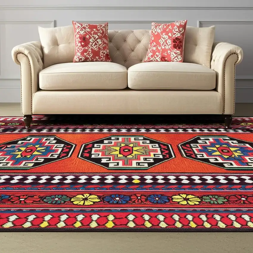 Red And Orange Tribal Washable Area Rug With UV Protection Photo 1