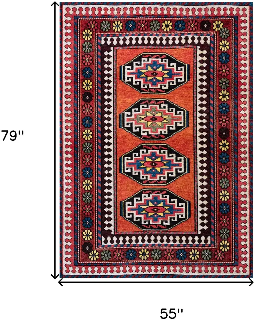 Red And Orange Tribal Washable Area Rug With UV Protection Photo 6