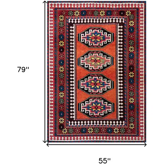 Red And Orange Tribal Washable Area Rug With UV Protection Photo 6