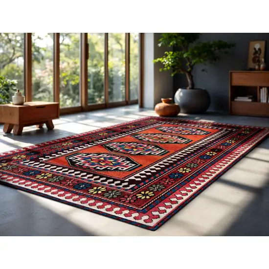 Red And Orange Tribal Washable Area Rug With UV Protection Photo 5