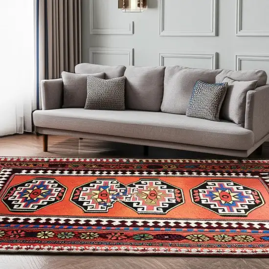 Red And Orange Tribal Washable Area Rug With UV Protection Photo 1