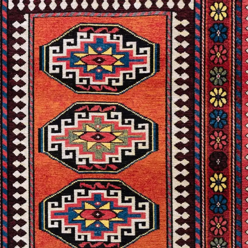 Red And Orange Tribal Washable Area Rug With UV Protection Photo 3