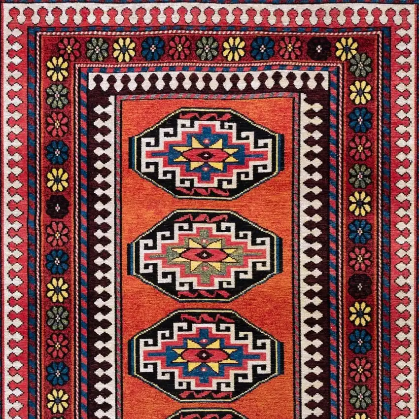 Red And Orange Tribal Washable Area Rug With UV Protection Photo 4