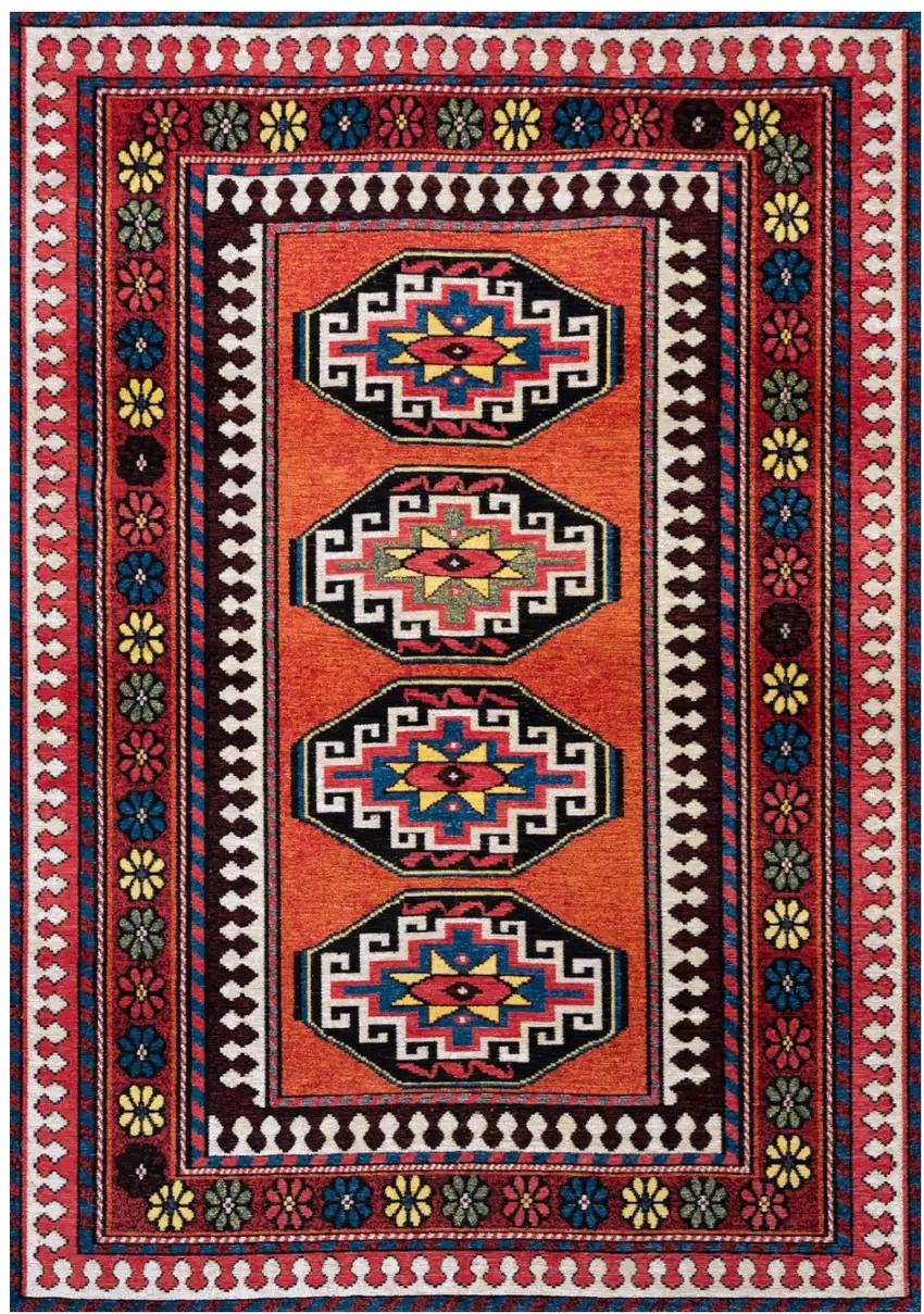 Red And Orange Tribal Washable Area Rug With UV Protection Photo 4
