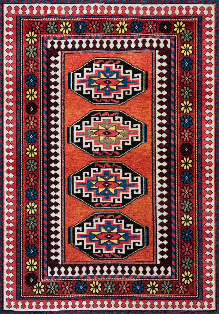 Red And Orange Tribal Washable Area Rug With UV Protection Photo 9