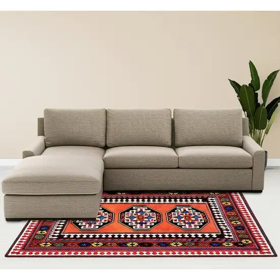 Red And Orange Tribal Washable Area Rug With UV Protection Photo 1