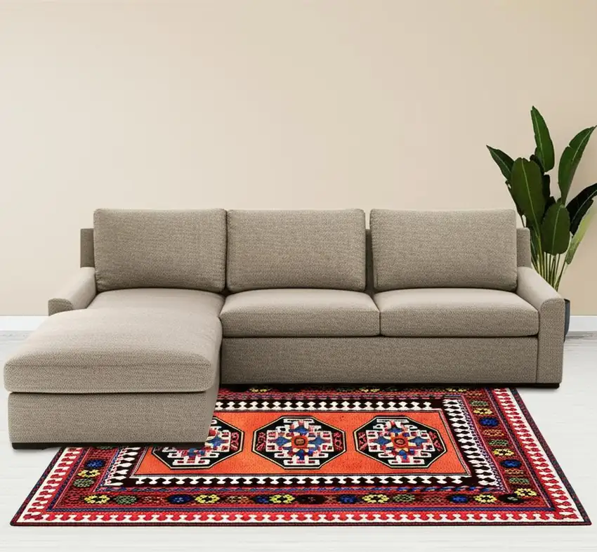 Red And Orange Tribal Washable Area Rug With UV Protection Photo 1