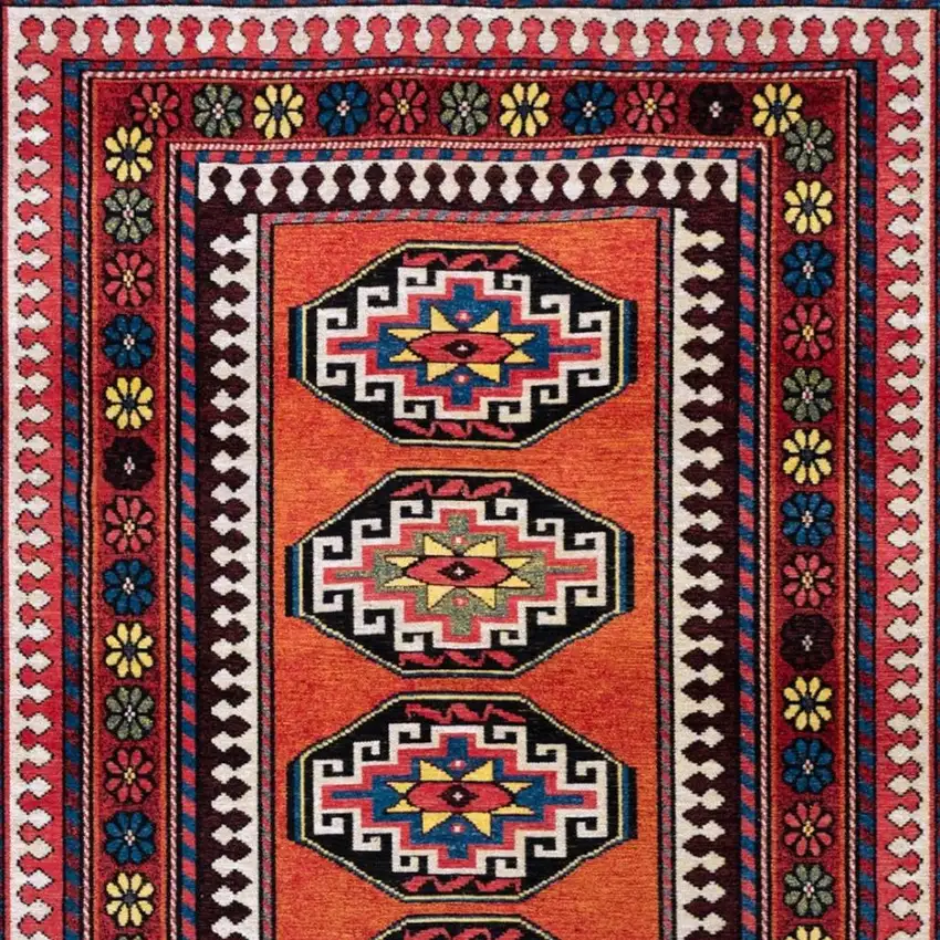 Red And Orange Tribal Washable Area Rug With UV Protection Photo 3