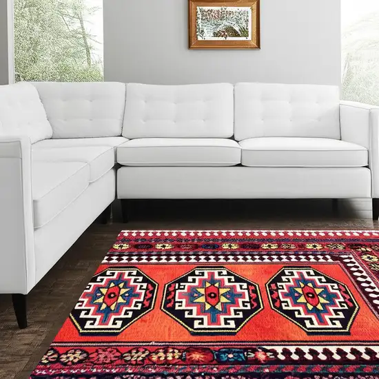 Red And Orange Tribal Washable Area Rug With UV Protection Photo 1